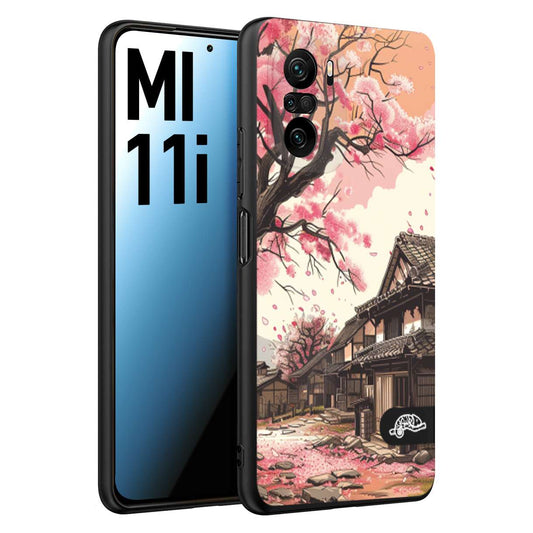 CUSTOMIZZA - Custodia cover nera morbida in tpu compatibile per Xiaomi Mi 11i casa giapponese rosa ciliegio in fiore disegnata tattoo