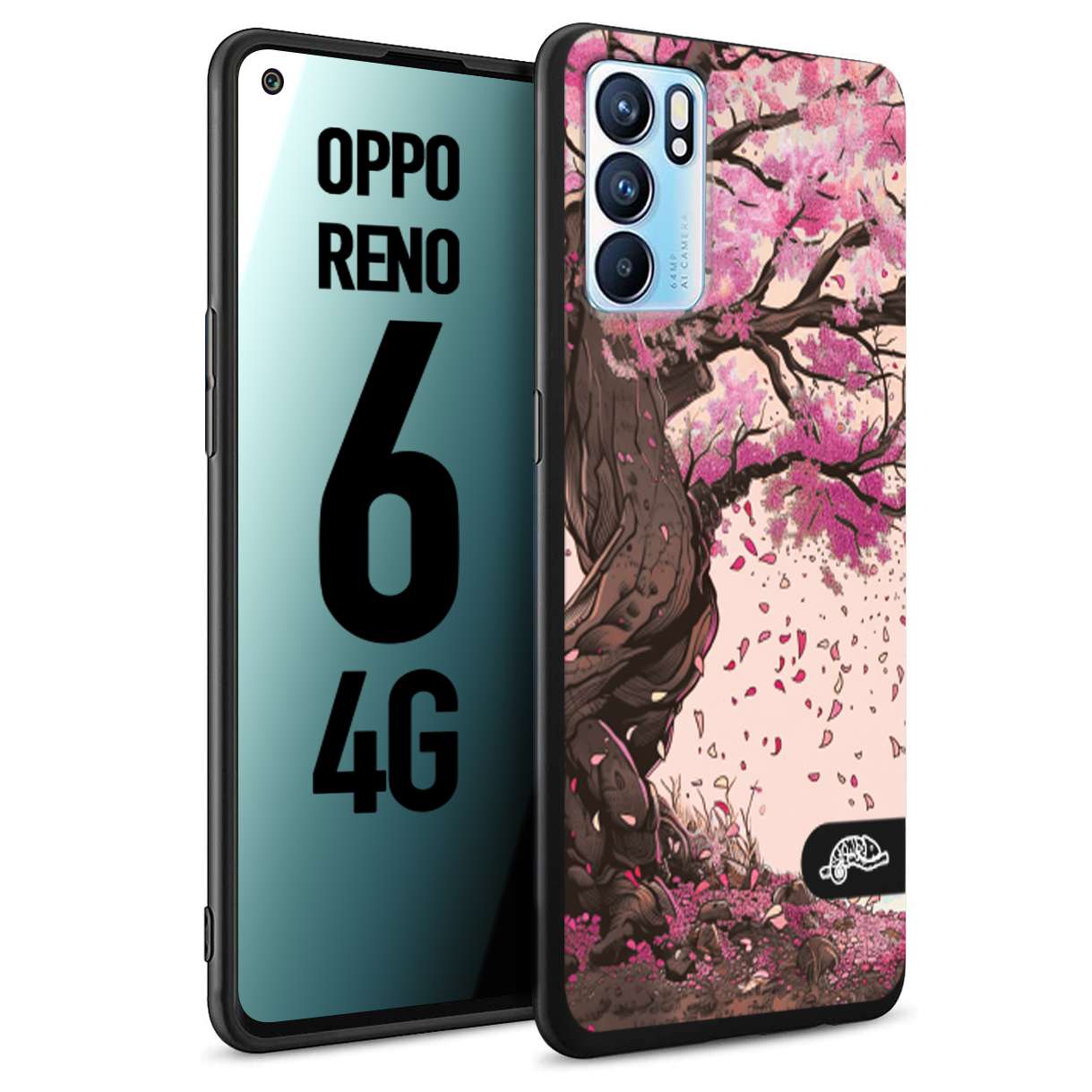 CUSTOMIZZA - Custodia cover nera morbida in tpu compatibile per Oppo Reno 6 4G giapponese colori morbidi fiori di ciliegio rosa disegnata