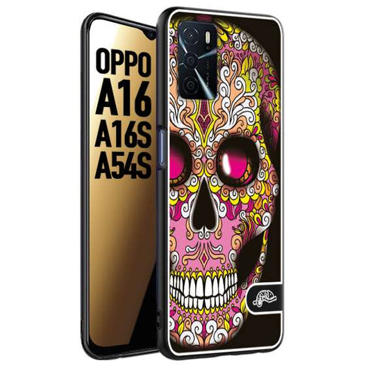 CUSTOMIZZA - Custodia cover nera morbida in tpu compatibile per Oppo A16 - A16S - A54S teschio messicano Mexican skull rosa gialla