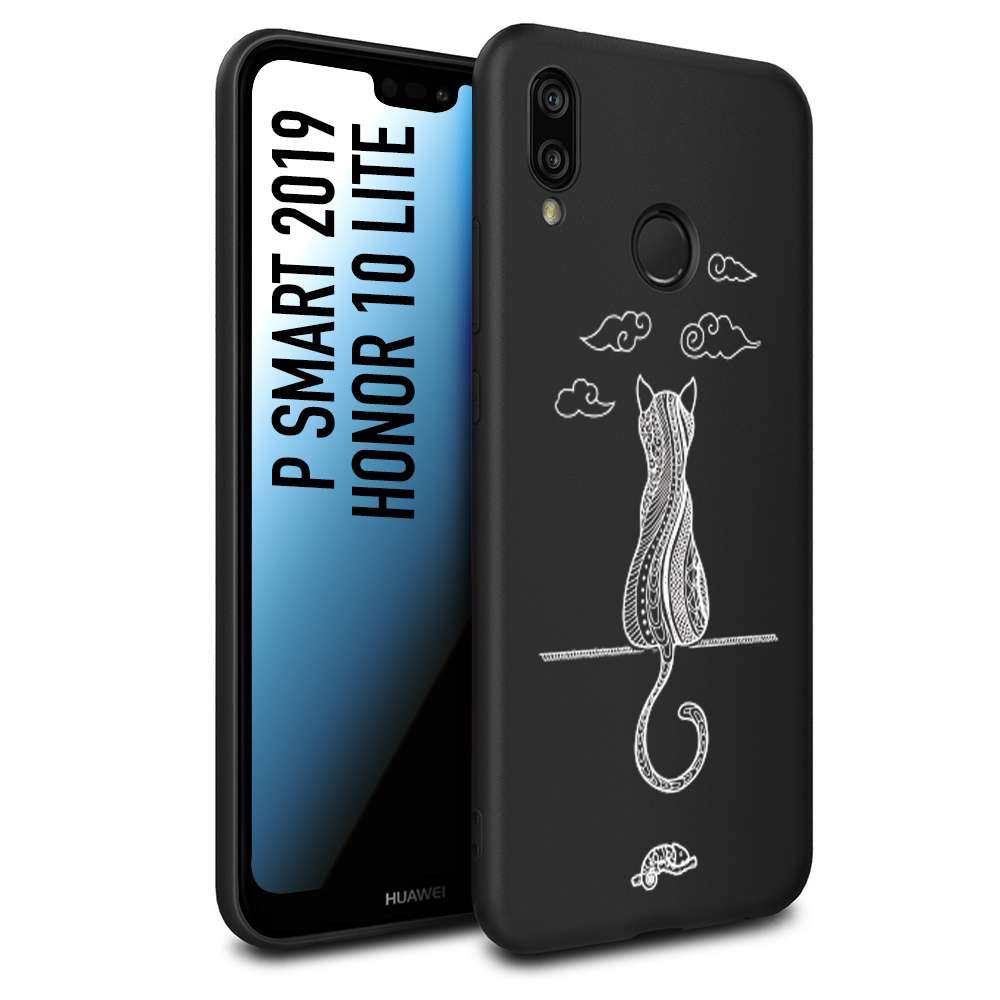 CUSTOMIZZA - Custodia cover nera morbida in tpu compatibile per Huawei P Smart 2019 gatto mandala stilizzato gattino a rilievo soft touch donna bianca