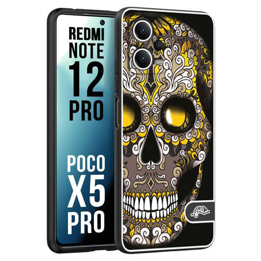 CUSTOMIZZA - Custodia cover nera morbida in tpu compatibile per Xiaomi Redmi Note 12 PRO - POCO X5 PRO teschio messicano Mexican skull nero giallo