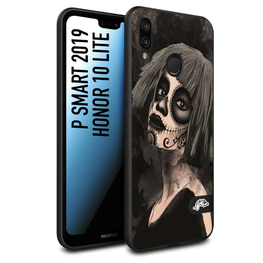 CUSTOMIZZA - Custodia cover nera morbida in tpu compatibile per Huawei P Smart 2019 chicana messicana dea de la muerte donna santa tattoo disegnata