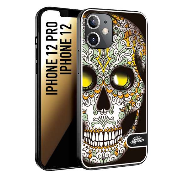 CUSTOMIZZA - Custodia cover nera morbida in tpu compatibile per iPhone 12 - 12 PRO teschio messicano Mexican skull bianco verde giallo