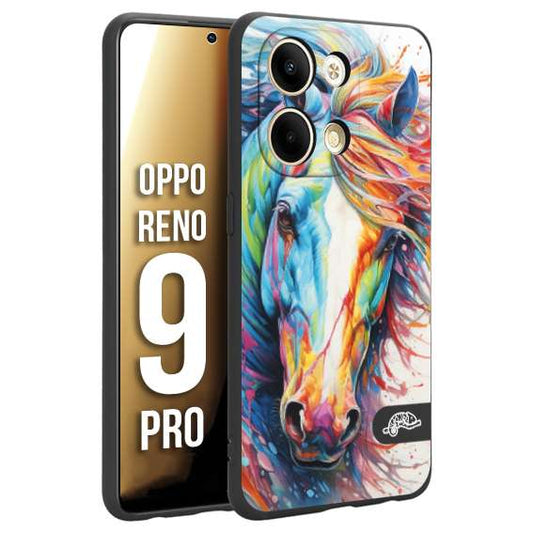 CUSTOMIZZA - Custodia cover nera morbida in tpu compatibile per Oppo Reno 9 PRO animali color cavallo horse viso colori vibranti disegnato schizzo