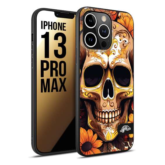 CUSTOMIZZA - Custodia cover nera morbida in tpu compatibile per iPhone 13 PRO MAX teschio messicano colorato dorato fiori tattoo disegnato