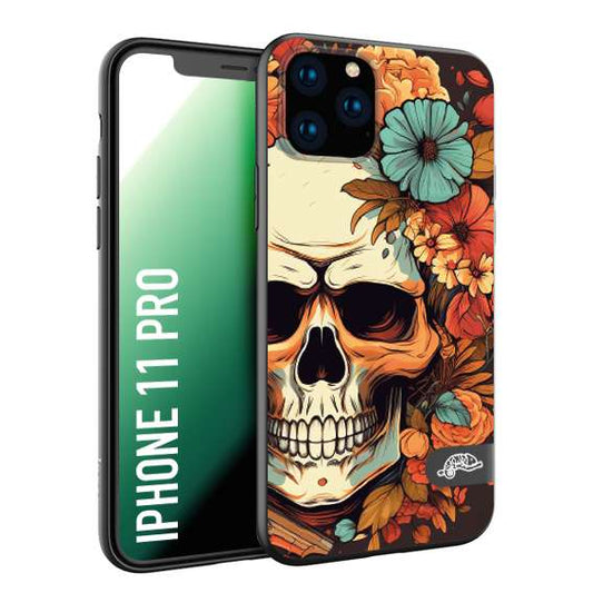 CUSTOMIZZA - Custodia cover nera morbida in tpu compatibile per iPhone 11 PRO teschio skull flowers fiori autunnali arancio celeste tattoo