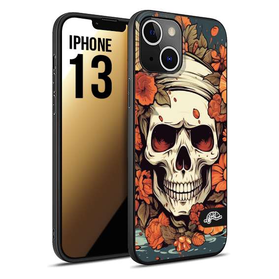 CUSTOMIZZA - Custodia cover nera morbida in tpu compatibile per iPhone 13 teschio skull flowers fiori tattoo disegnato alta definizione