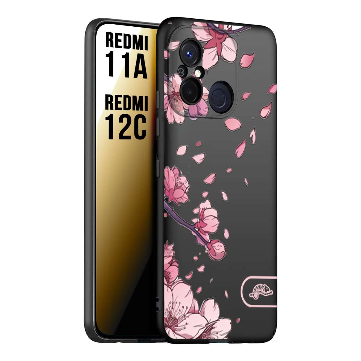 CUSTOMIZZA - Custodia cover nera morbida in tpu compatibile per Xiaomi Redmi 11A - 12C giapponese fiori di ciliegio in fiore a rilievo disegnata tattoo