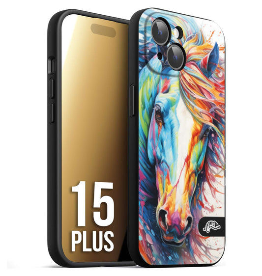 CUSTOMIZZA - Custodia cover nera morbida in tpu compatibile per iPhone 15 PLUS animali color cavallo horse viso colori vibranti disegnato schizzo