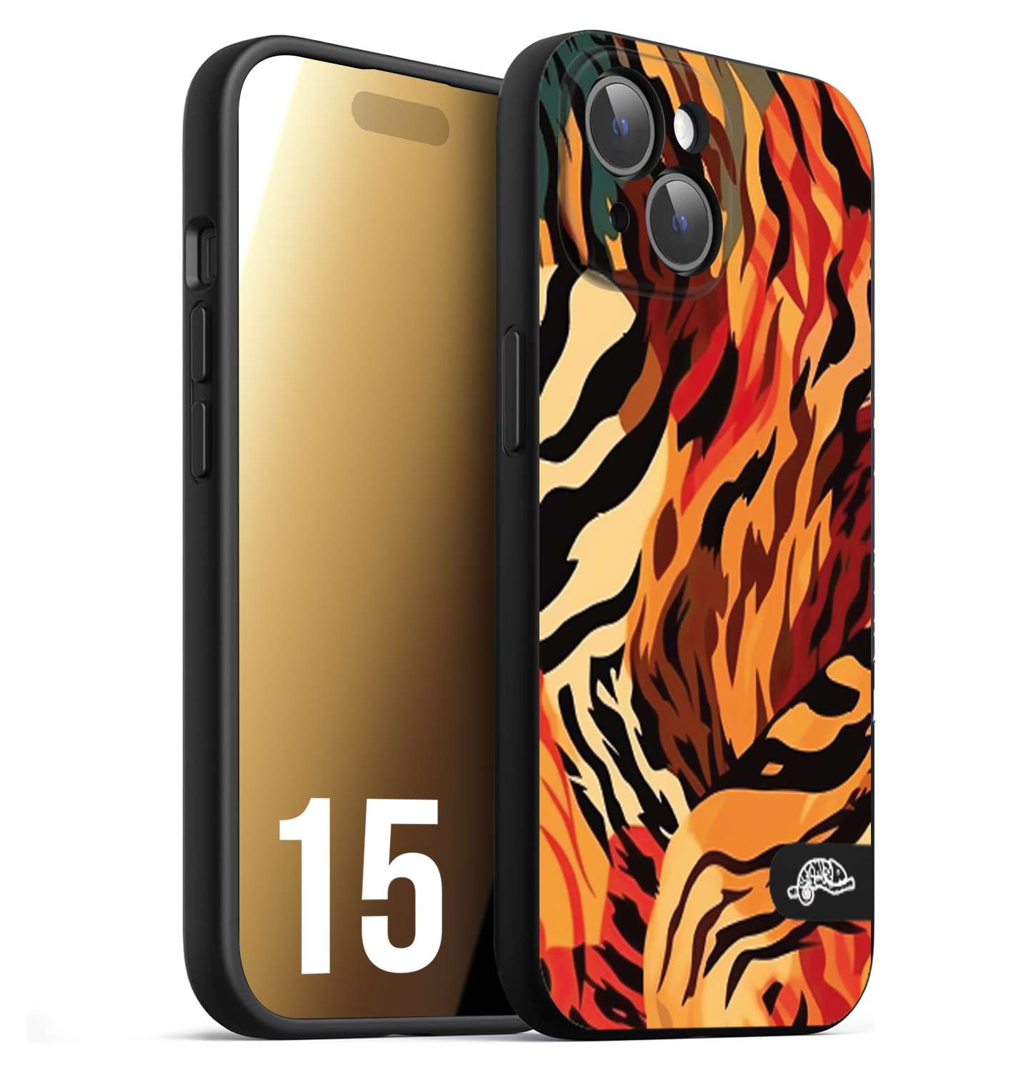 CUSTOMIZZA - Custodia cover nera morbida in tpu compatibile per iPhone 15 leopardato maculato tigrato tiger colorata gialla rossa arancio