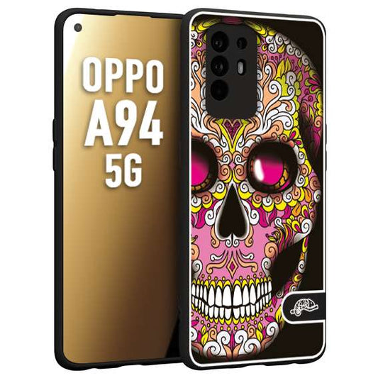 CUSTOMIZZA - Custodia cover nera morbida in tpu compatibile per Oppo A94 5G teschio messicano Mexican skull rosa gialla