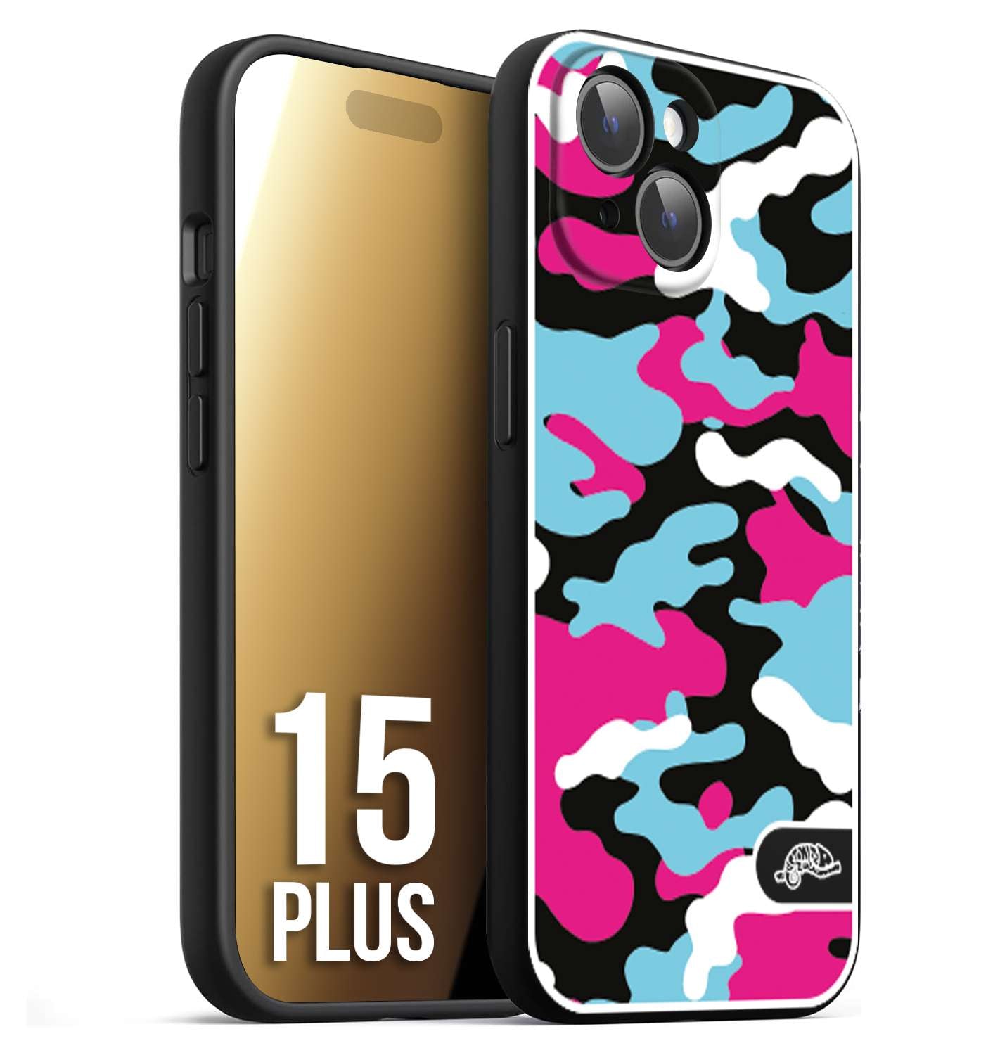 CUSTOMIZZA - Custodia cover nera morbida in tpu compatibile per iPhone 15 PLUS camouflage mimetico militare fucsia celeste