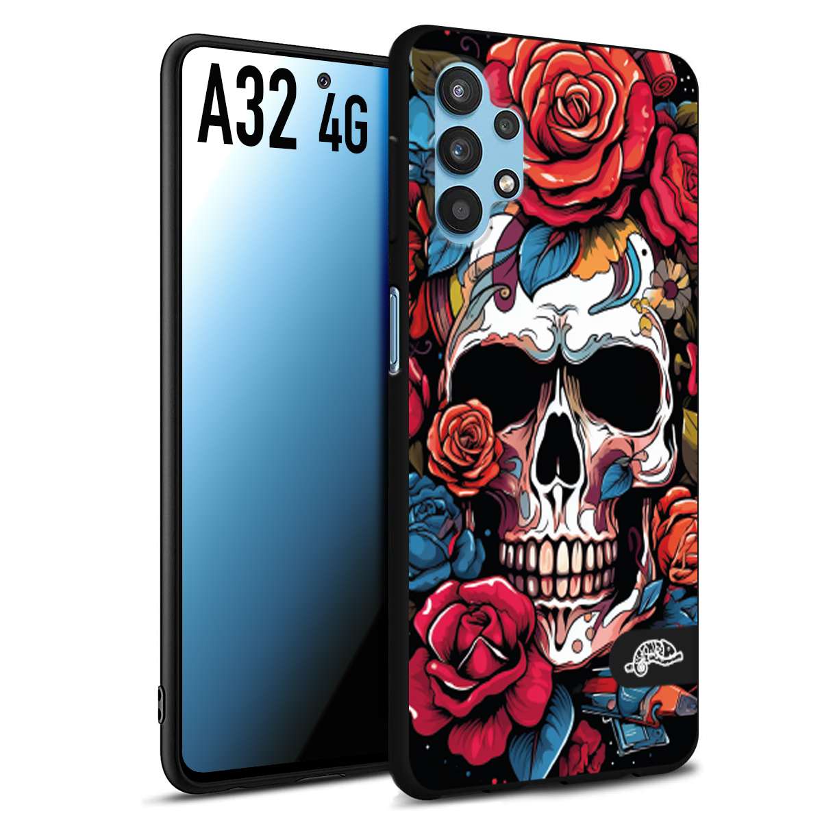 CUSTOMIZZA - Custodia cover nera morbida in tpu compatibile per Samsung A32 4G teschio skull flowers fiori rose rosse tattoo disegnato