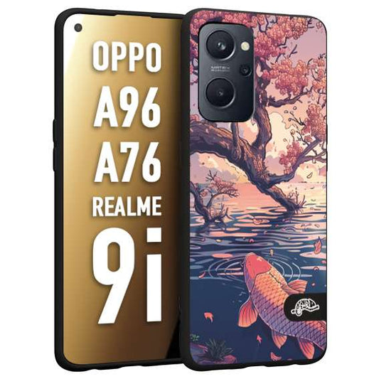 CUSTOMIZZA - Custodia cover nera morbida in tpu compatibile per Oppo Realme 9i - A96 - A76 giapponese lago carpa koi rosa con foglie d'acero disegnata tattoo