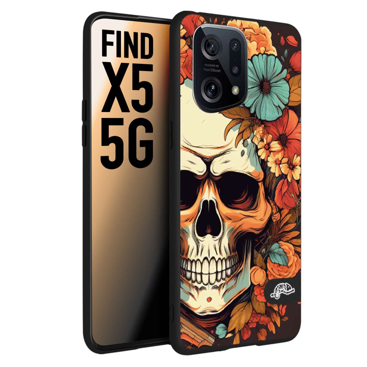 CUSTOMIZZA - Custodia cover nera morbida in tpu compatibile per Oppo Find X5 teschio skull flowers fiori autunnali arancio celeste tattoo