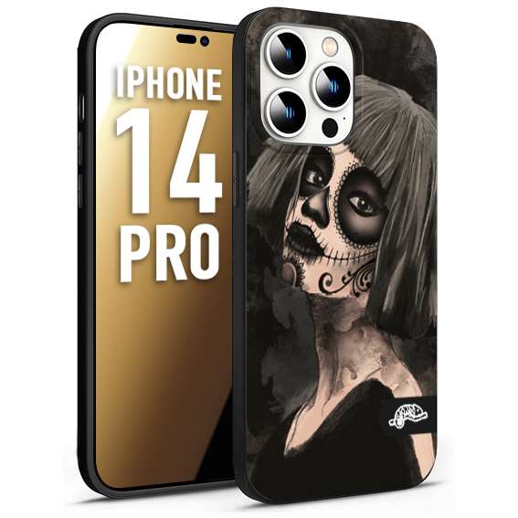 CUSTOMIZZA - Custodia cover nera morbida in tpu compatibile per iPhone 14 PRO chicana messicana dea de la muerte donna santa tattoo disegnata