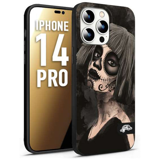 CUSTOMIZZA - Custodia cover nera morbida in tpu compatibile per iPhone 14 PRO chicana messicana dea de la muerte donna santa tattoo disegnata