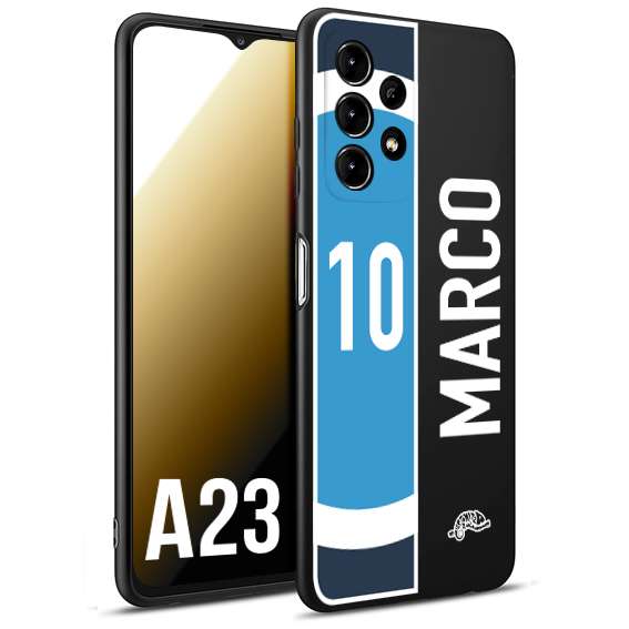 CUSTOMIZZA - Custodia cover nera morbida in tpu compatibile per Samsung A23 personalizzata calcio football nome e numero calciatori biancoazzurri bianco celesti