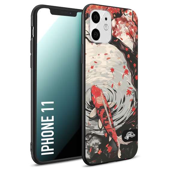 CUSTOMIZZA - Custodia cover nera morbida in tpu compatibile per iPhone 11 giapponese lago carpa koi rossa con foglie d'acero rosso disegnata tattoo