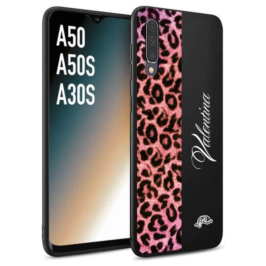 CUSTOMIZZA - Custodia cover nera morbida in tpu compatibile per Samsung A50 - A50S - A30S leopardato rosa fucsia personalizzata nome iniziali