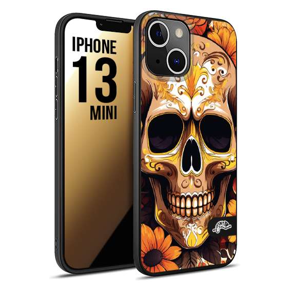 CUSTOMIZZA - Custodia cover nera morbida in tpu compatibile per iPhone 13 MINI teschio messicano colorato dorato fiori tattoo disegnato