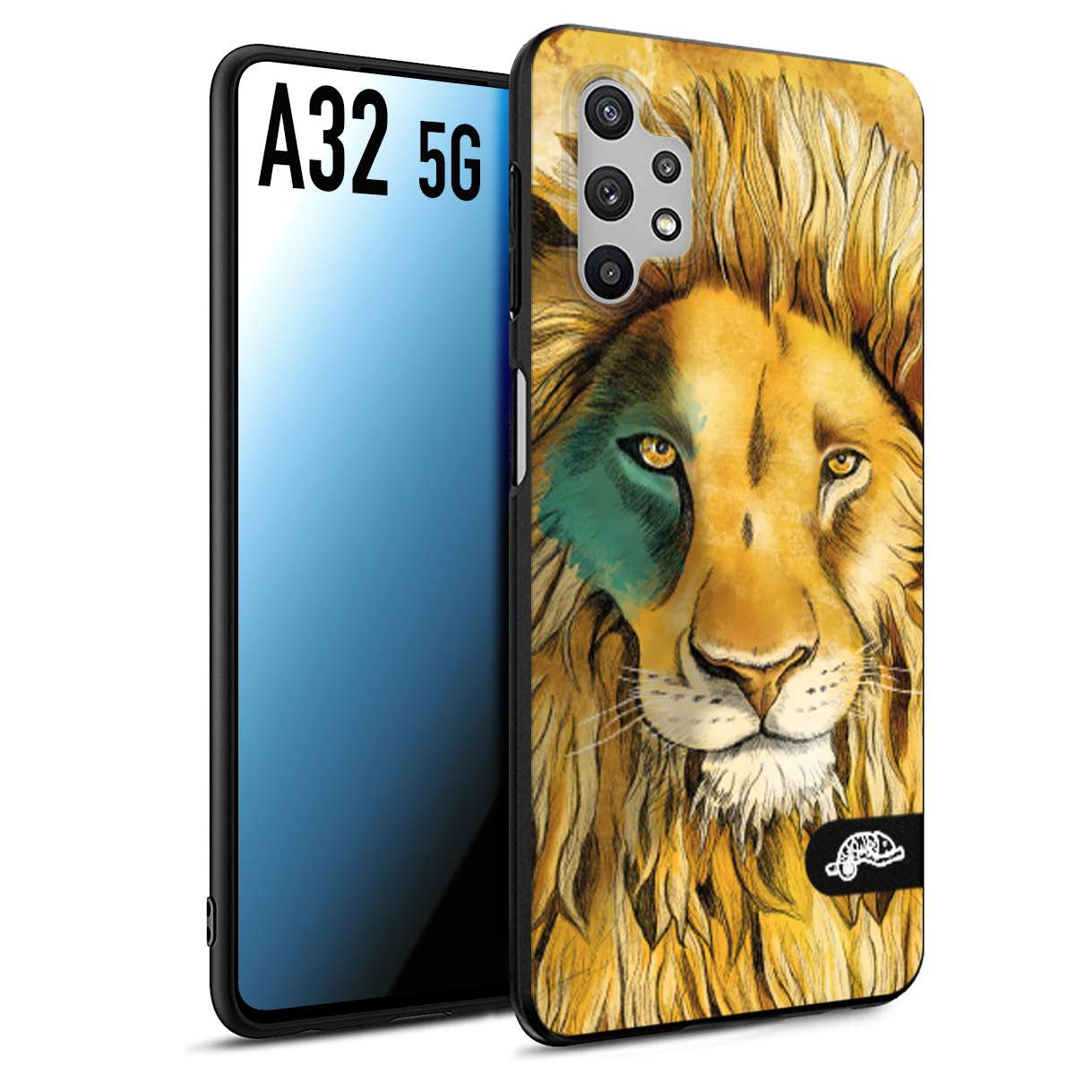 CUSTOMIZZA - Custodia cover nera morbida in tpu compatibile per Samsung A32 5G leone lion disegnato a mano giallo blu a rilievo artistico brown