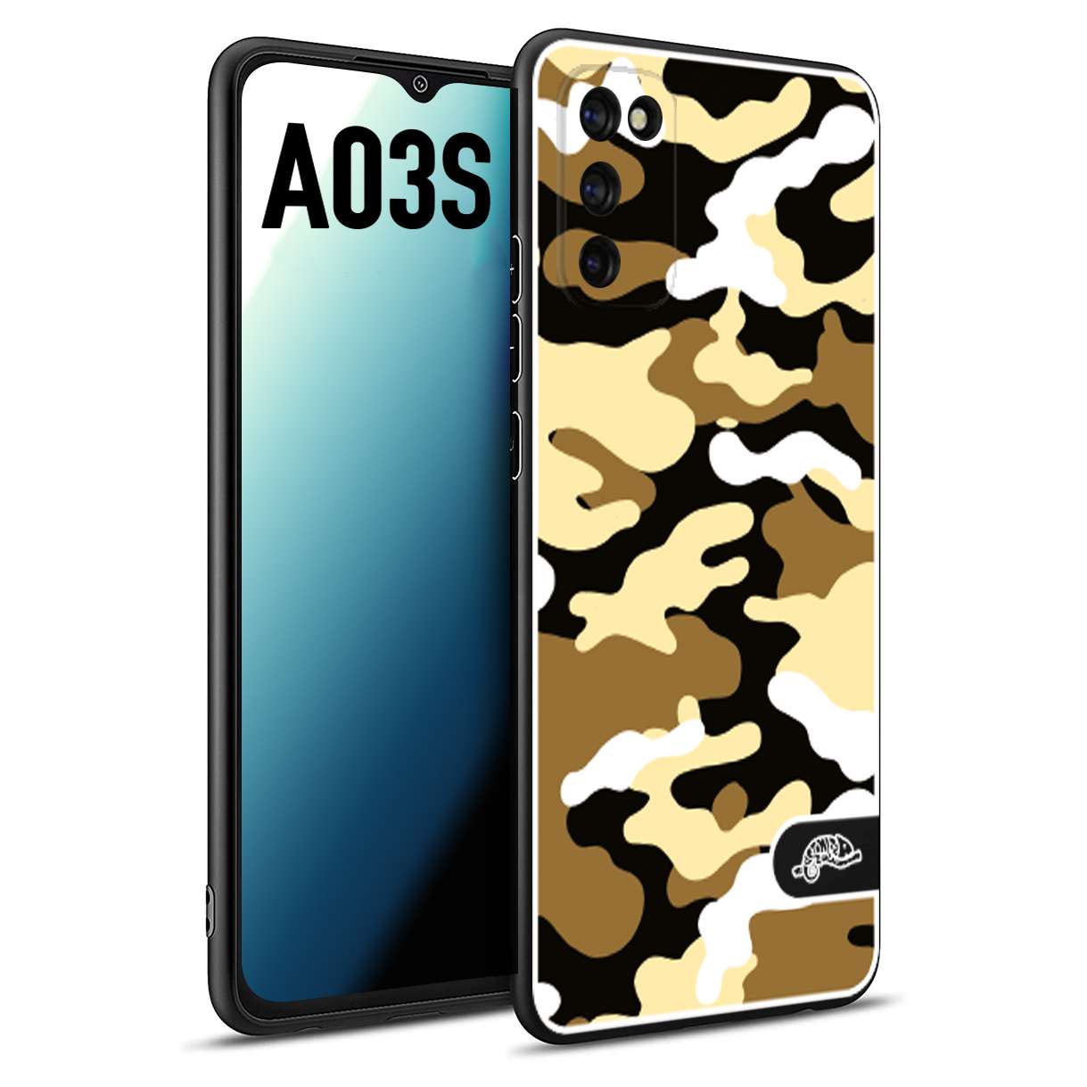 CUSTOMIZZA - Custodia cover nera morbida in tpu compatibile per Samsung A03S camouflage mimetico militare giallo desert brown