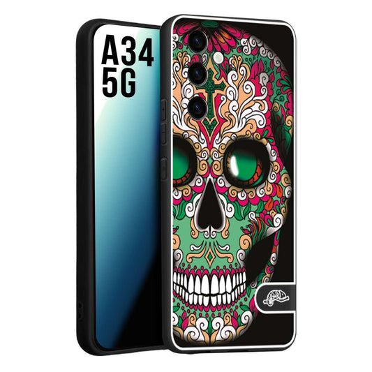 CUSTOMIZZA - Custodia cover nera morbida in tpu compatibile per Samsung A34 5G teschio messicano Mexican skull verde fucsia