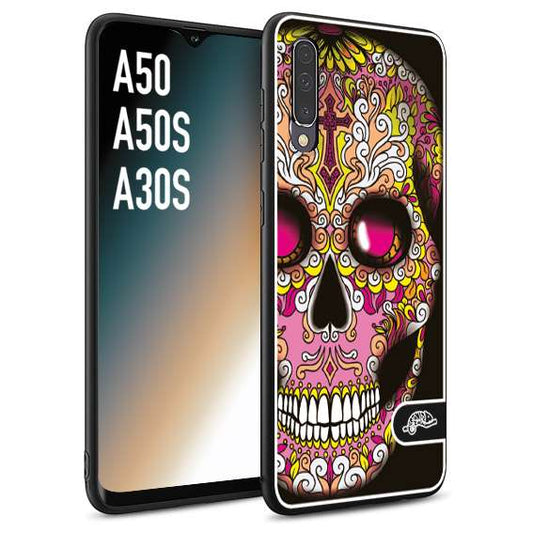 CUSTOMIZZA - Custodia cover nera morbida in tpu compatibile per Samsung A50 - A50S - A30S teschio messicano Mexican skull rosa gialla