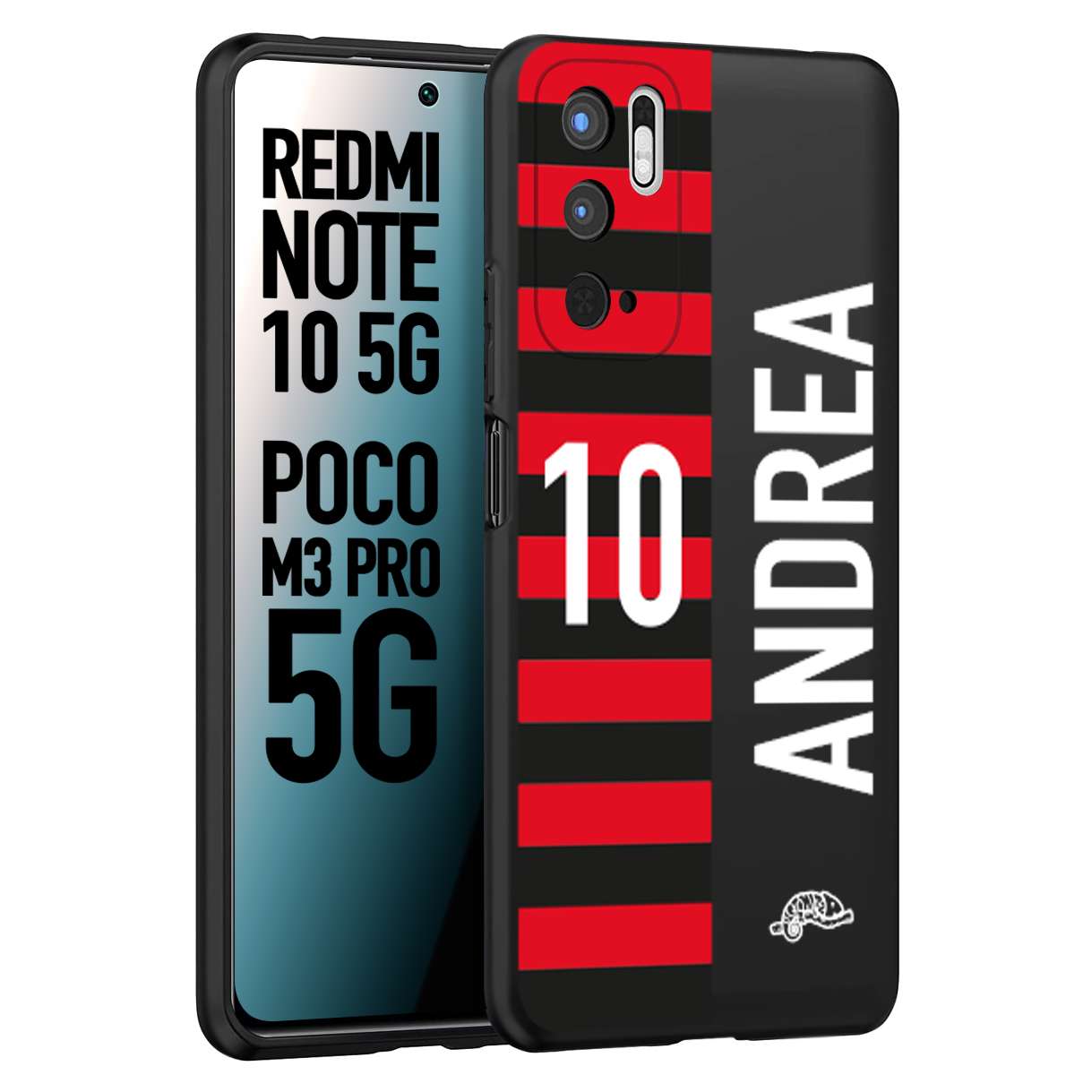 CUSTOMIZZA - Custodia cover nera morbida in tpu compatibile per Xiaomi Redmi Note 10 5G - Poco M3 Pro 5G personalizzata calcio football nome e numero calciatori rossonera