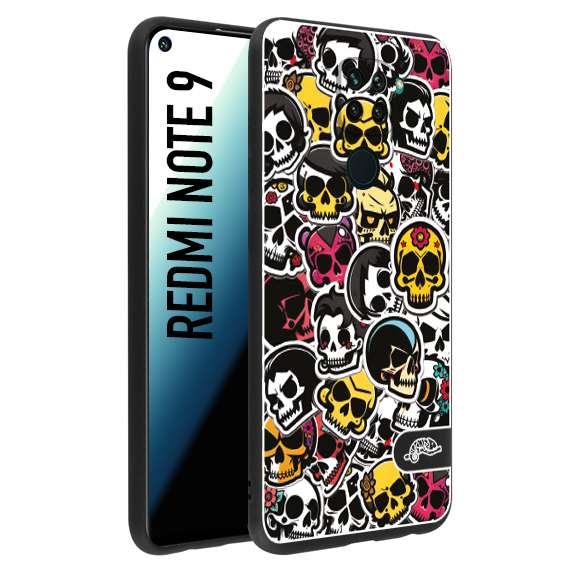 CUSTOMIZZA - Custodia cover nera morbida in tpu compatibile per Xiaomi Redmi Note 9 sticker bomb teschi colorati adesivi skulls skater snowboard