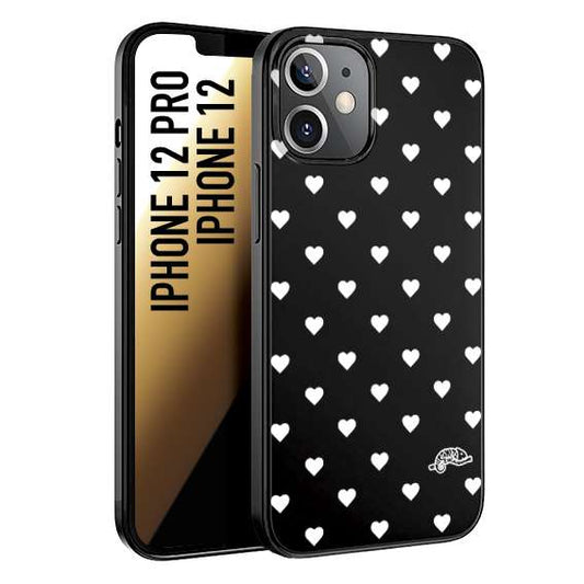 CUSTOMIZZA - Custodia cover nera morbida in tpu compatibile per iPhone 12 - 12 PRO cuori pois bianchi donna pin up vintage