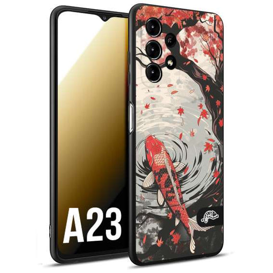 CUSTOMIZZA - Custodia cover nera morbida in tpu compatibile per Samsung A23 giapponese lago carpa koi rossa con foglie d'acero rosso disegnata tattoo