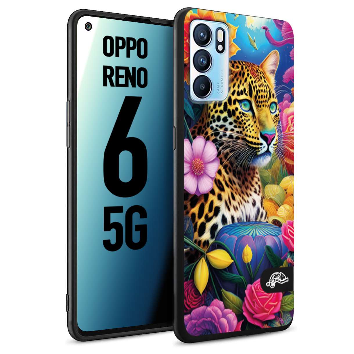 CUSTOMIZZA - Custodia cover nera morbida in tpu compatibile per Oppo Reno 6 5G fiori astratti donna flower fantasia leopardo ghepardo animali colorati