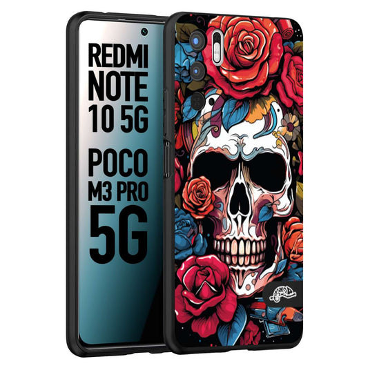 CUSTOMIZZA - Custodia cover nera morbida in tpu compatibile per Xiaomi Redmi Note 10 5G - Poco M3 Pro 5G teschio skull flowers fiori rose rosse tattoo disegnato