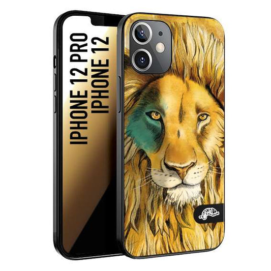 CUSTOMIZZA - Custodia cover nera morbida in tpu compatibile per iPhone 12 - 12 PRO leone lion disegnato a mano giallo blu a rilievo artistico brown