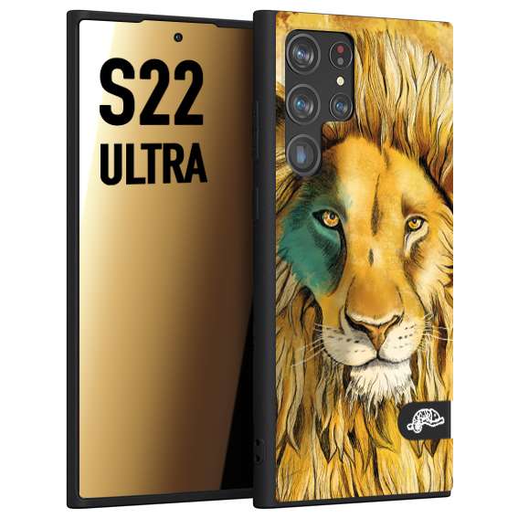 CUSTOMIZZA - Custodia cover nera morbida in tpu compatibile per Samsung S22 ULTRA leone lion disegnato a mano giallo blu a rilievo artistico brown