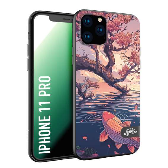 CUSTOMIZZA - Custodia cover nera morbida in tpu compatibile per iPhone 11 PRO giapponese lago carpa koi rosa con foglie d'acero disegnata tattoo