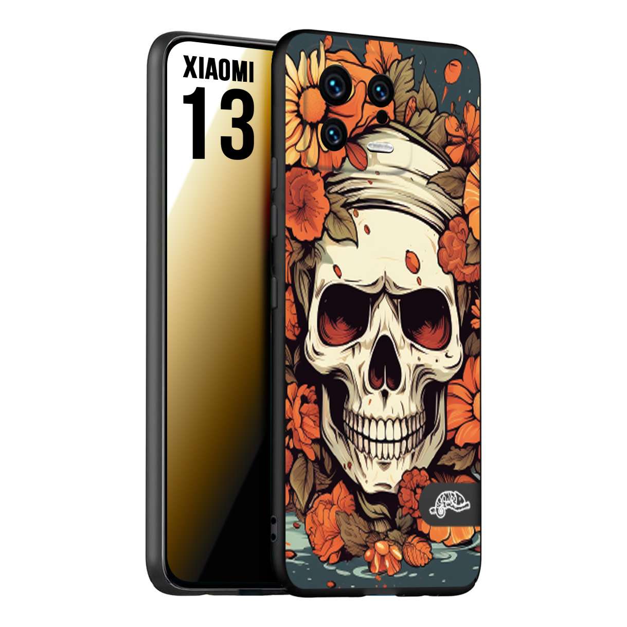 CUSTOMIZZA - Custodia cover nera morbida in tpu compatibile per Xiaomi 13 teschio skull flowers fiori tattoo disegnato alta definizione