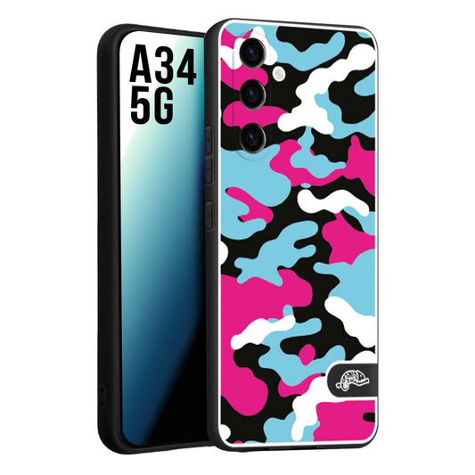 CUSTOMIZZA - Custodia cover nera morbida in tpu compatibile per Samsung A34 5G camouflage mimetico militare fucsia celeste