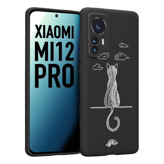 CUSTOMIZZA - Custodia cover nera morbida in tpu compatibile per Xiaomi 12 PRO gatto mandala stilizzato gattino a rilievo soft touch donna bianca