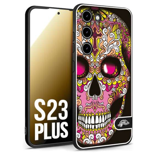 CUSTOMIZZA - Custodia cover nera morbida in tpu compatibile per Samsung S23 PLUS teschio messicano Mexican skull rosa gialla