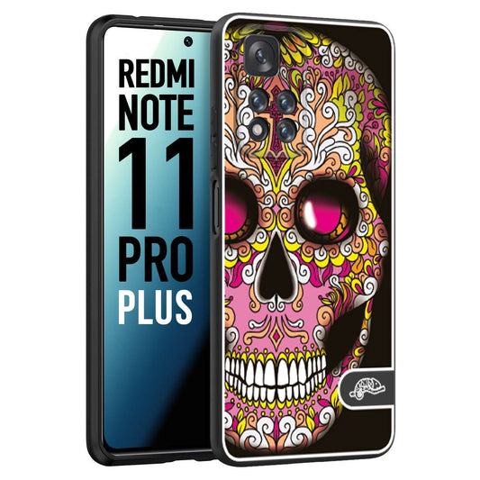 CUSTOMIZZA - Custodia cover nera morbida in tpu compatibile per Xiaomi Redmi Note 11 PRO PLUS teschio messicano Mexican skull rosa gialla