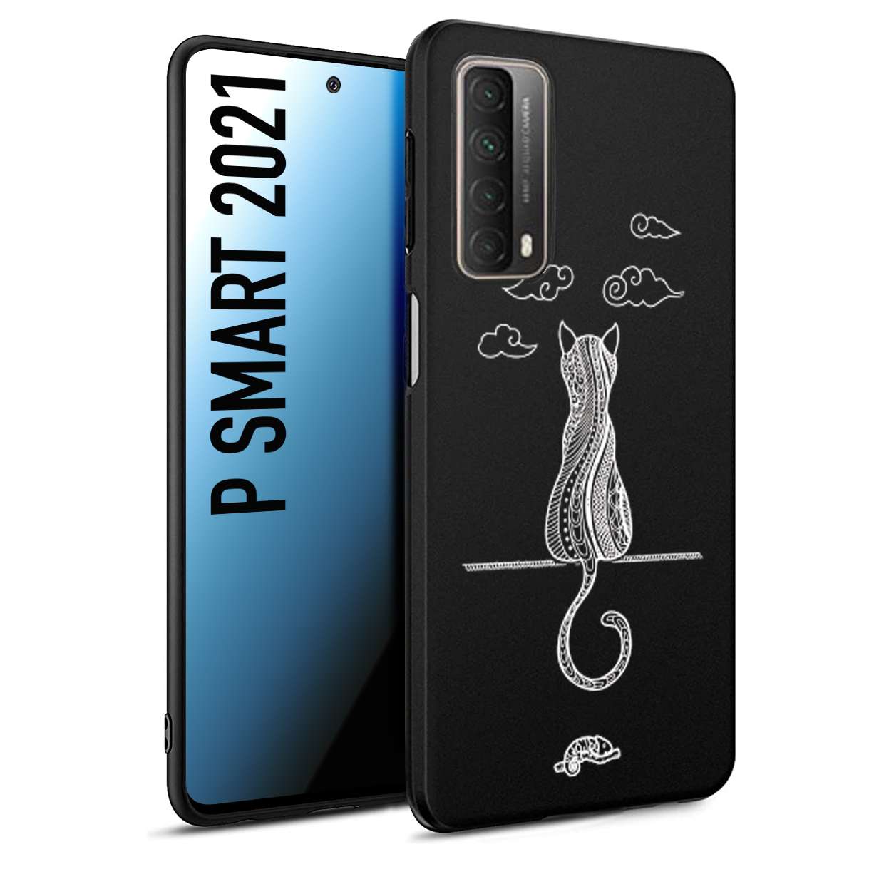 CUSTOMIZZA - Custodia cover nera morbida in tpu compatibile per Huawei P Smart 2021 gatto mandala stilizzato gattino a rilievo soft touch donna bianca