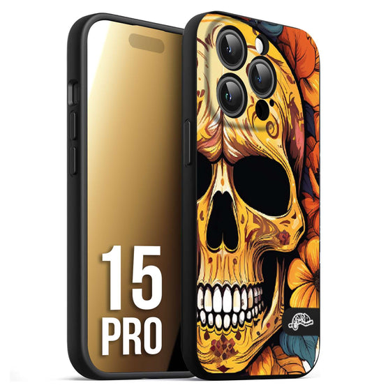 CUSTOMIZZA - Custodia cover nera morbida in tpu compatibile per iPhone 15 PRO teschio messicano colorato dorato fiori autunnali disegnato