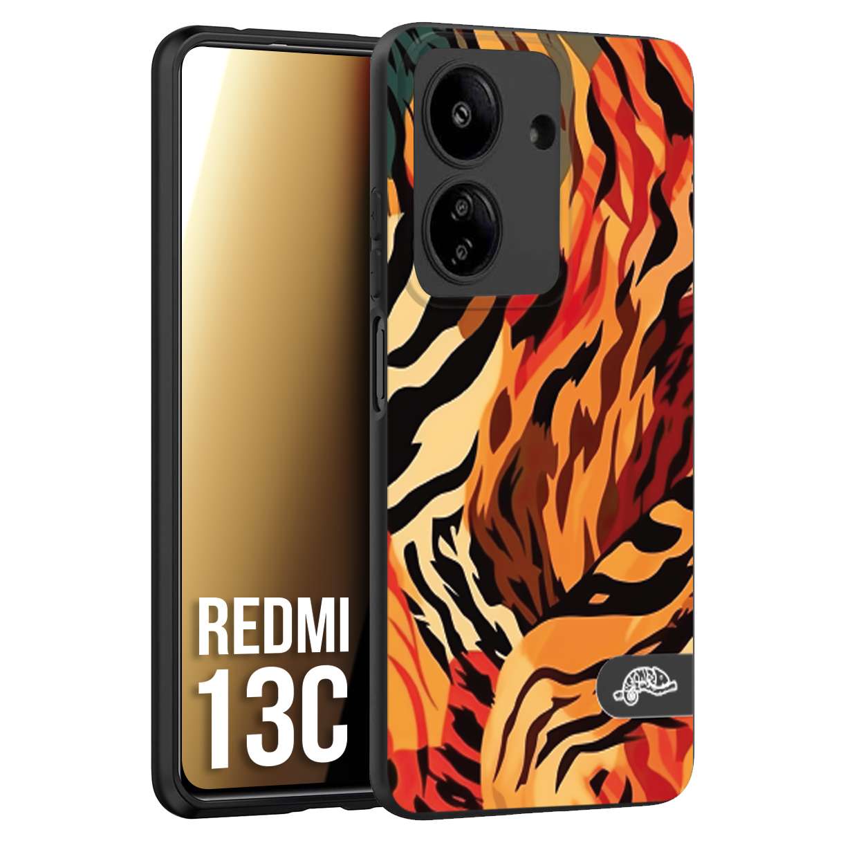 CUSTOMIZZA - Custodia cover nera morbida in tpu compatibile per Xiaomi Redmi 13C leopardato maculato tigrato tiger colorata gialla rossa arancio