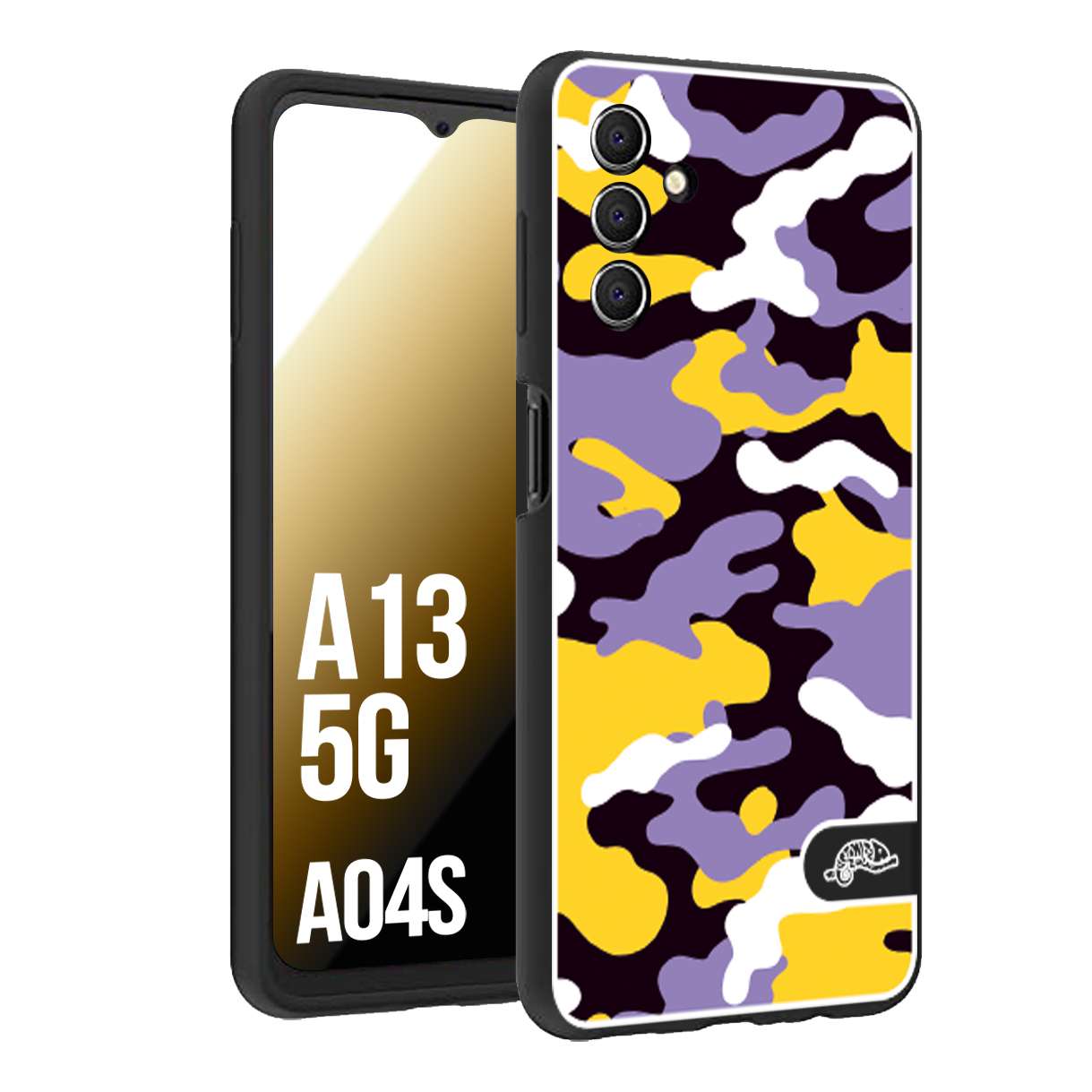 CUSTOMIZZA - Custodia cover nera morbida in tpu compatibile per Samsung A04S - A13 5G camouflage mimetico militare viola lilla giallo