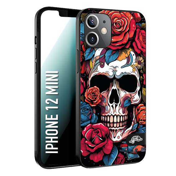 CUSTOMIZZA - Custodia cover nera morbida in tpu compatibile per iPhone 12 MINI teschio skull flowers fiori rose rosse tattoo disegnato