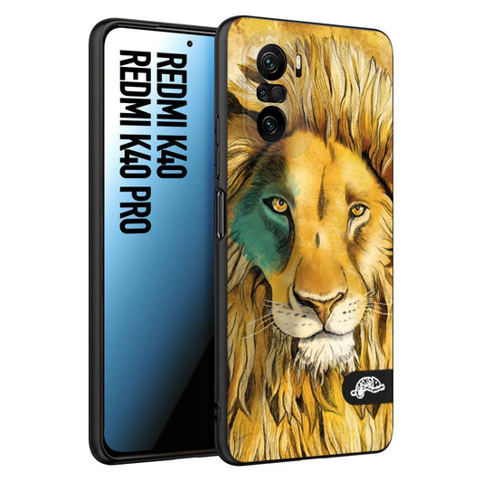 CUSTOMIZZA - Custodia cover nera morbida in tpu compatibile per Xiaomi Redmi K40 - K40 Pro leone lion disegnato a mano giallo blu a rilievo artistico brown