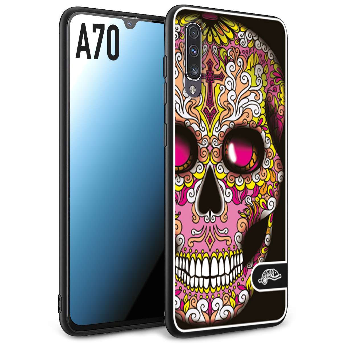 CUSTOMIZZA - Custodia cover nera morbida in tpu compatibile per Samsung A70 teschio messicano Mexican skull rosa gialla